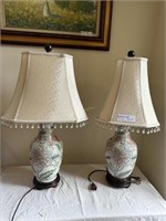 Pair of Cream Color Floral Lamps with Beaded Shade