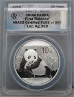 2015 10 Yuan China Silver Panda ANACS MS 70 with