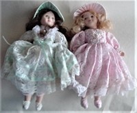 Porcelain Dolls (2) Grren Dress & Pink Dress "
