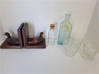 Duck Book Ends and glass bottles