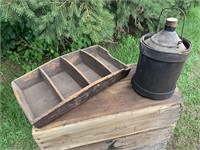 PRIMITIVE LOT WITH DIVIDED WOOD TOTE & JUG