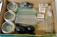 BOX W/ COASTERS, OLD MEDICINE BOTTLES, TRAIN WHIS