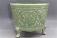 CELADON GLAZED 'PEONY BRANCH' TRI-FOOT CENSER