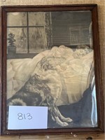 Vintage drawing; sleeping girl w/ dog; 13x18