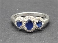 10K White Gold 3 Stone Oval Cut Blue Spinel & Diam