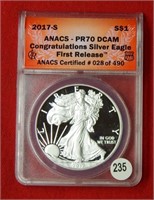 2017 S American Eagle ANACS PR70DCAM 1 Oz Silver