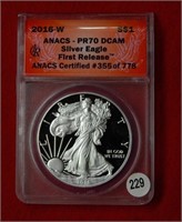 2016 W American Eagle ANACS PR70DCAM 1 Oz Silver