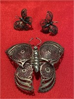 Sterling Silver Butterfly Brooch and Earrings.