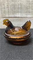 Vintage Miniature Amber Glass Hen On Nest 4" Long