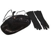Stylish Black Beaded Evening Bag with Gloves