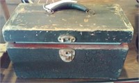 Old wooden fishing tackle box w contents
