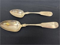 Coin silver table spoon and serving spoon by