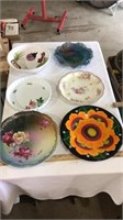 Decorative plates, carnival glass bowl.m