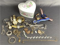 Heart Shaped Box with Misc Jewerly & Watches