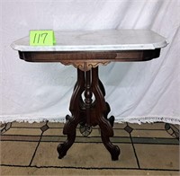 fancy carved walnut parlor table -white marble top
