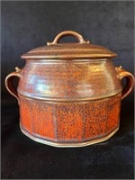 Large Lidded Ceramic Pot with Handles Signed