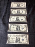 5 1935D $1 Silver Certificate Notes Blue Seal