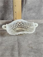 WHITE OPALESCENT HOBNAIL DISH WITH HANDLES 4"