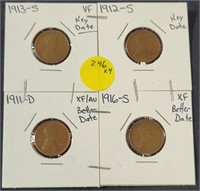 4XBID, 1911-D,1912-S,1913-S & 1916-S WHEAT CENTS