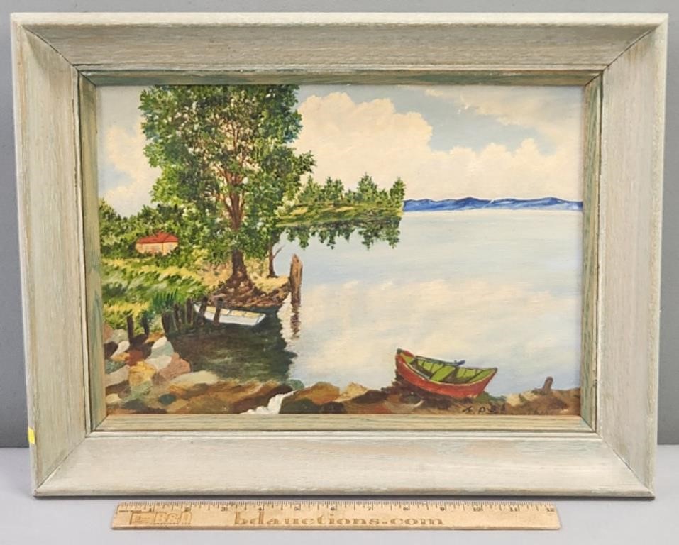 Lakeshore & Boat Painting Oil on Board Signed