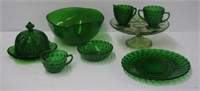 Vintage green glass items including cake plate,