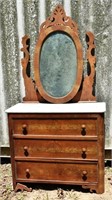 19th C marble top 3 drawer dresser with oval mirro