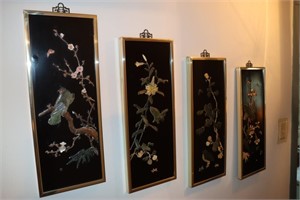 4 Chinese lacquer and soap stone bird pictures