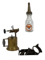 Vintage Blow Torch, Olizum Motor Oil Bottle & Plan