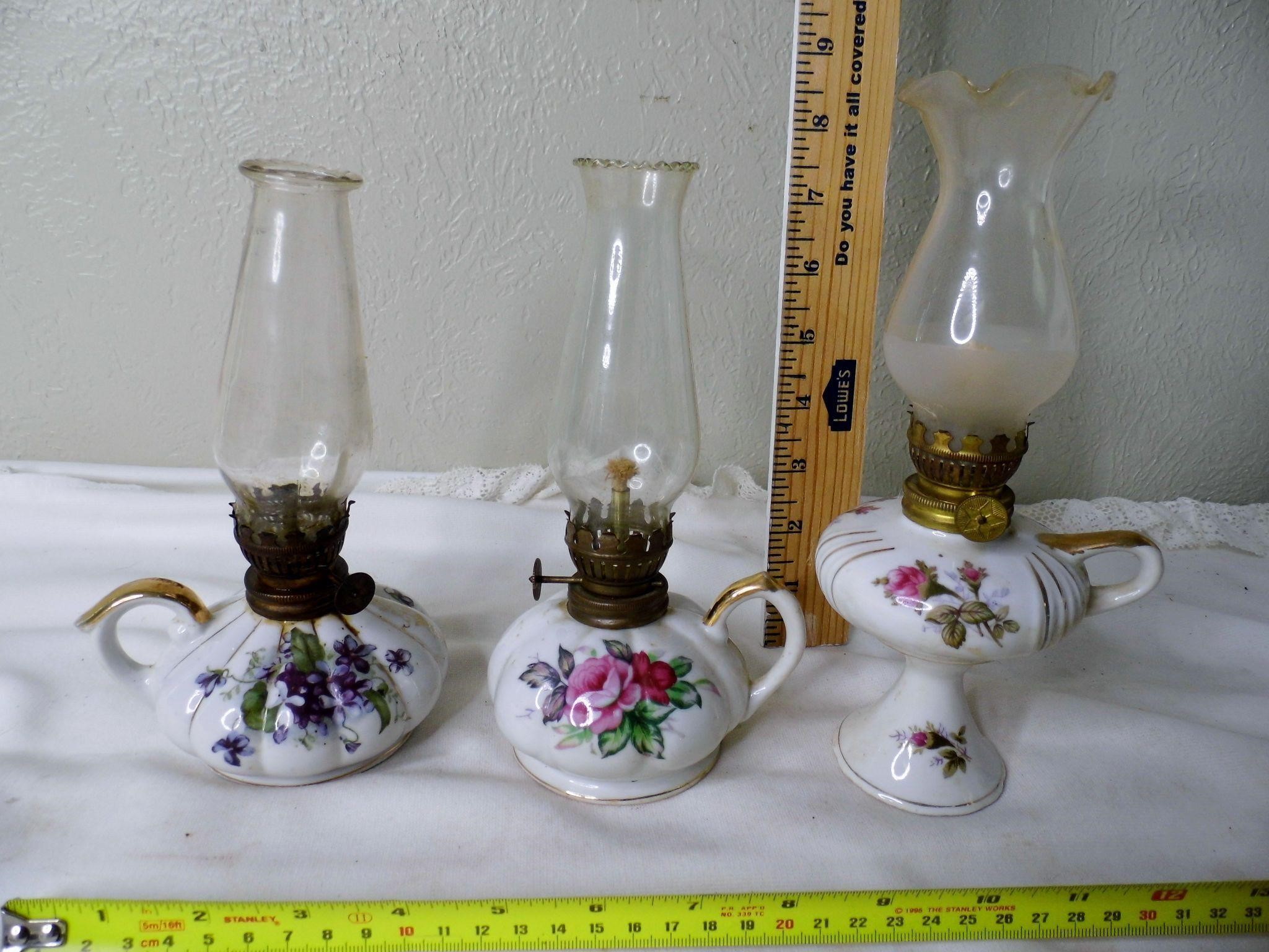 3 Vtg Mini Porcelain Oil Lamps Japan