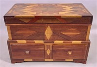 Tramp art parquetry jewelry box, cedar and other