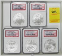 5 SILVER EAGLES 1 OF 1ST 50,000 STRUCK, 2006 MS69