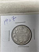 1907 Canadian Silver 25 Cent Coin
