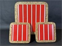 Red & White Striped Cork Coaster & Tray Set