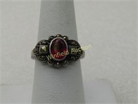 Vintage Sterling Ruby & Marcasite Ring, Sz. 825.