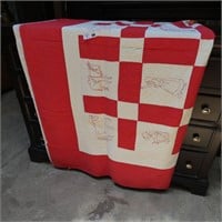 Early Red & White Quilt with Needlework