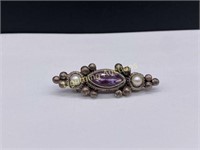 STERLING FRESHWATER PEARL AND AMETHYST BROOCH
