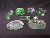 18 green Depression glass items (all glow)