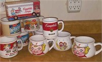 Campbell soup mugs, soup bowls, & tin, 10 in lot