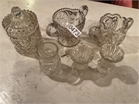 6- crystal dishes, creamer, sugar, vases