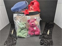 HAT BOX W/ VINTAGE HATS, GLOVES & BEANIE BABIES