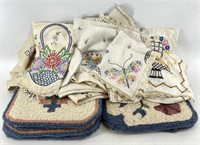 Tray- Vintage Embroidery & Small Hooked Rug Mats