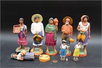 8 Vtg. Mexican Folk Art Clay Figurines, Signed+