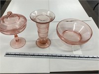 Pink glass dish, vase and Heisey bowl