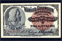 1893 World's Columbian Exposition Ticket Columbus