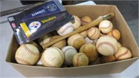 BOX 34 SOFTBALLS, 12 BASEBALLS, BRAVES BAT, PENNAN