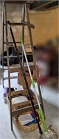 5 ft wooden ladder, mop, squeegee, paint