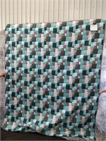 printed fabric quilt grey/teal blocks