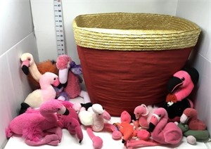Woven Basket w/Flamingo Plush Toys