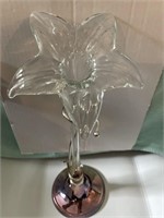 14.5" Hand Blown Glass Lily in Metal Stand Vase