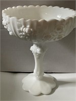 Fenton Milk White 8" Tall Floral Glass Compote